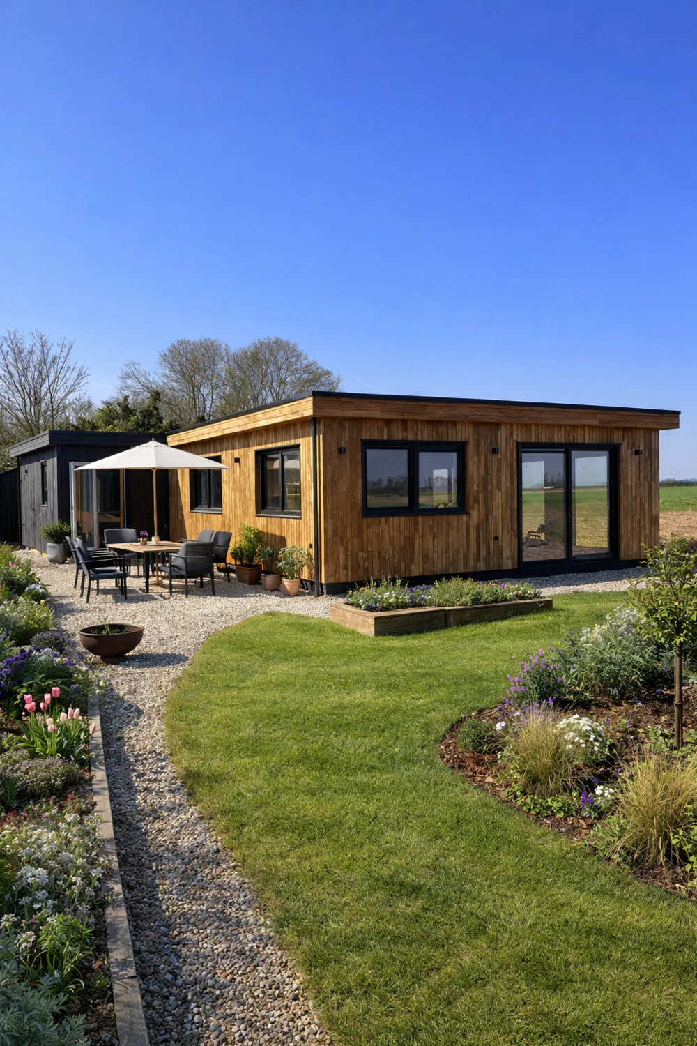 BBS mantelzorgwoning met houten gevel en terras aan de tuin